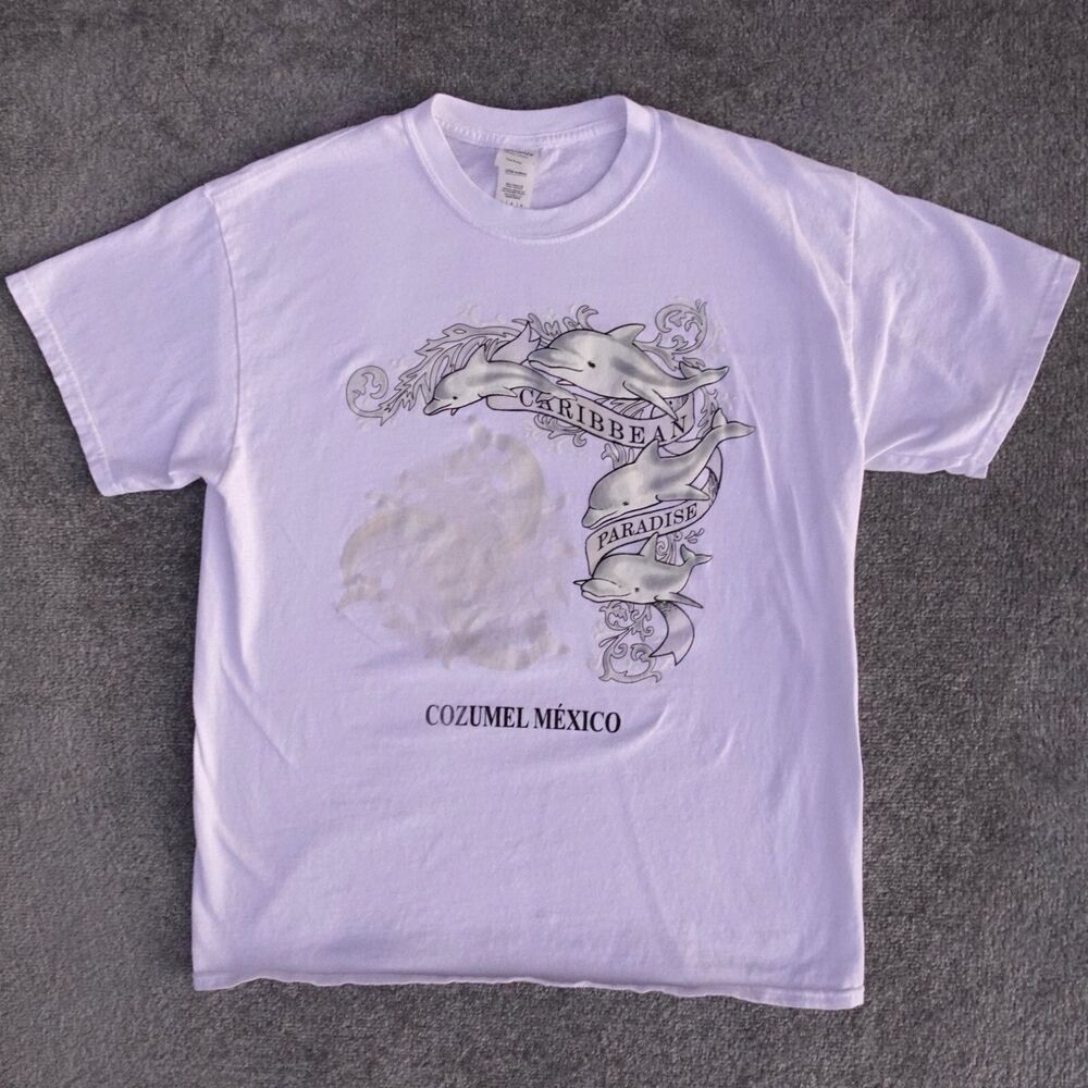 Gildan Shirt Mens L White Dolphin Graphic Sun Activated Travel Mexico Cozumel